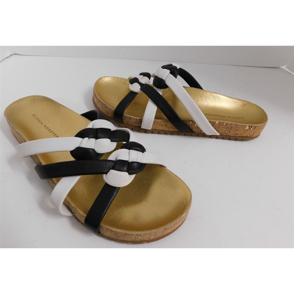 Sophia‎ Webster Black White Leather Strappy Cork Flat Sandals sz 41